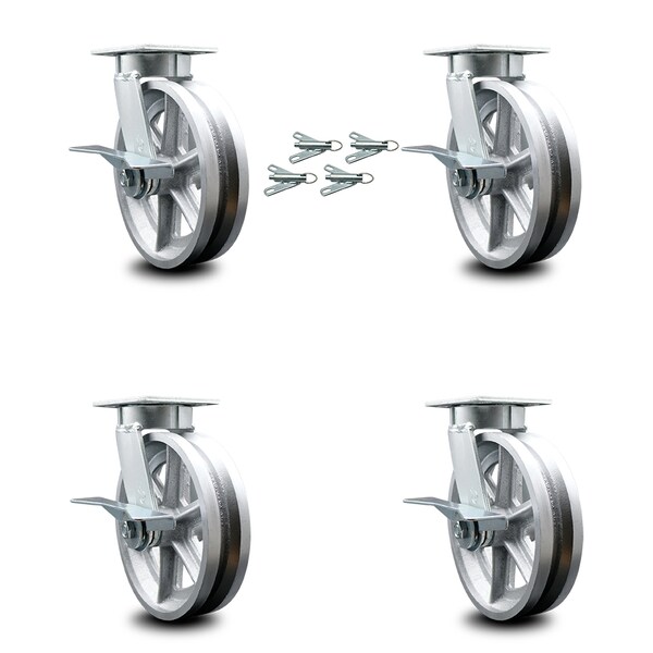 8 Inch Kingpinless V Groove Semi Steel Wheel Caster Set with Brake & Swivel Lock